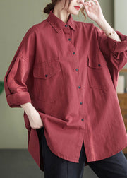 Loose Red Peter Pan Collar Patchwork Cotton Shirts Top Long Sleeve