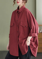 Loose Red Peter Pan Collar Patchwork Cotton Shirts Top Long Sleeve