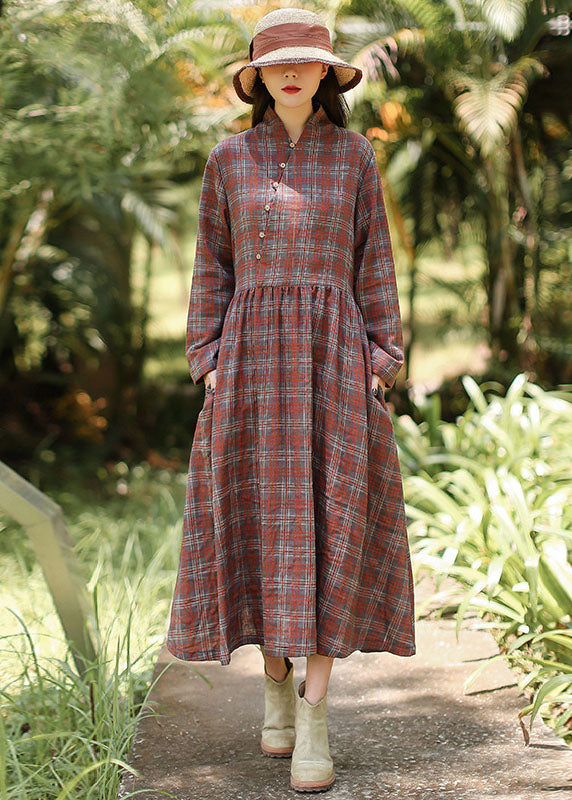Loose Red Plaid Patchwork Cotton Dresses Spring