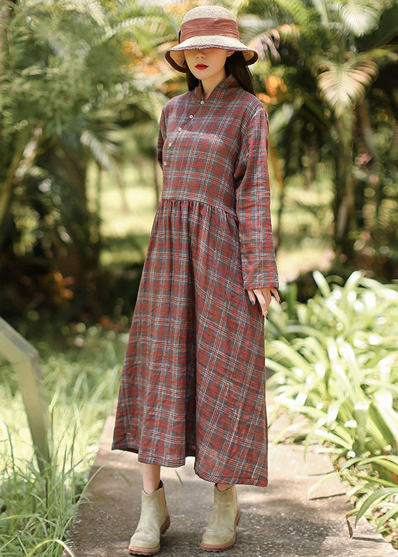 Loose Red Plaid Patchwork Cotton Dresses Spring