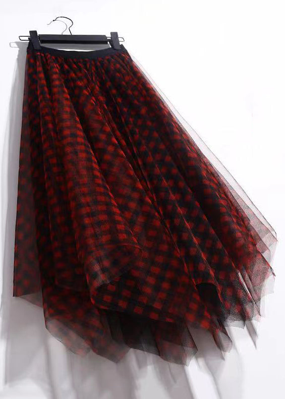 Loose Red Plaid Print Elastic Waist Tulle Skirt Summer