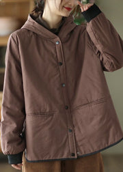 Loose Red Pockets Button Fine Cotton Filled Hooded Jacket Winter