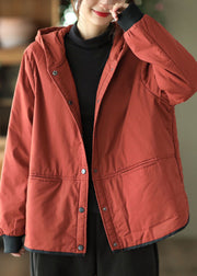 Loose Red Pockets Button Fine Cotton Filled Hooded Jacket Winter