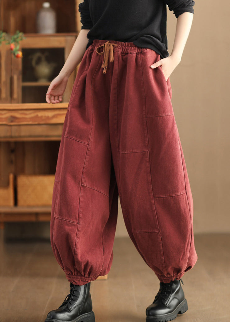 Loose Red Pockets High Waist Fleece Pants Pants Spring
