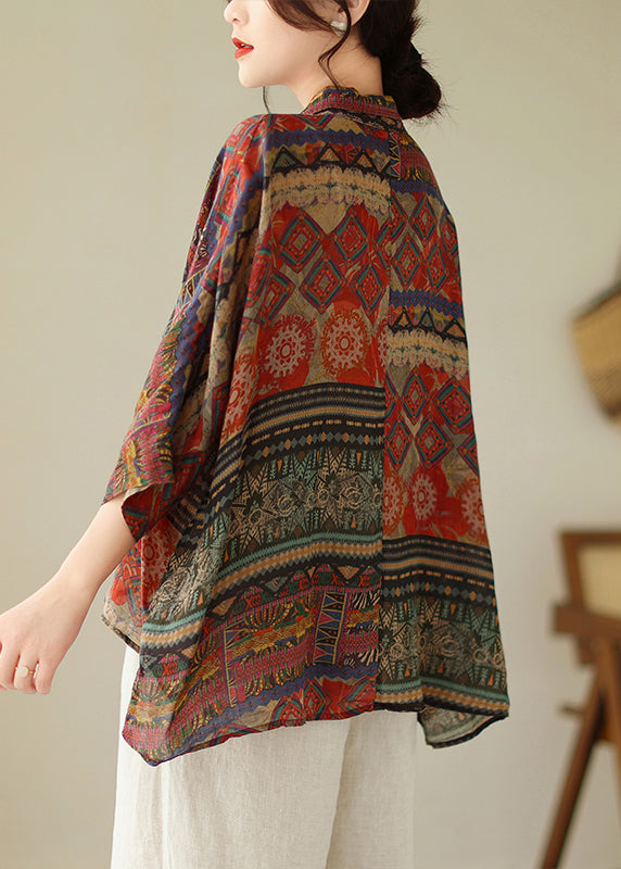 Loose Red Print Low High Design Cotton Shirts Batwing Sleeve