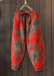Loose Red Print Pockets Elastic Waist Cotton Filled Pants Winter