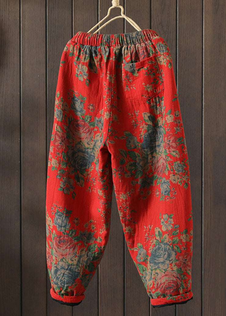 Loose Red Print Pockets Elastic Waist Cotton Filled Pants Winter