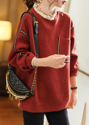 Loose Red Ruffled Pockets Patchwork Woolen Sweatshirt Long Sleeve