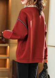 Loose Red Ruffled Pockets Patchwork Woolen Sweatshirt Long Sleeve