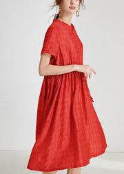 Loose Red Ruffled Tie Waist Silk Dress Short Sleeve