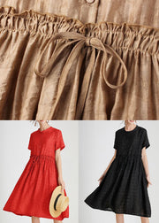 Loose Red Ruffled Tie Waist Silk Dress Short Sleeve