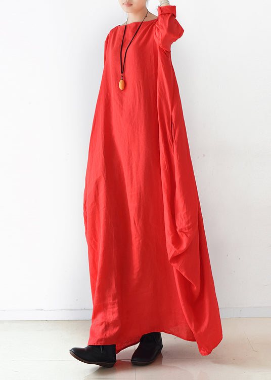Loose Red Slash Neck Linen Maxi Dress Long Sleeve