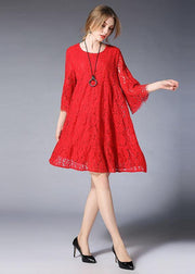 Loose Red Solid Wrinkled Spring Half Sleeve Dresses - SooLinen