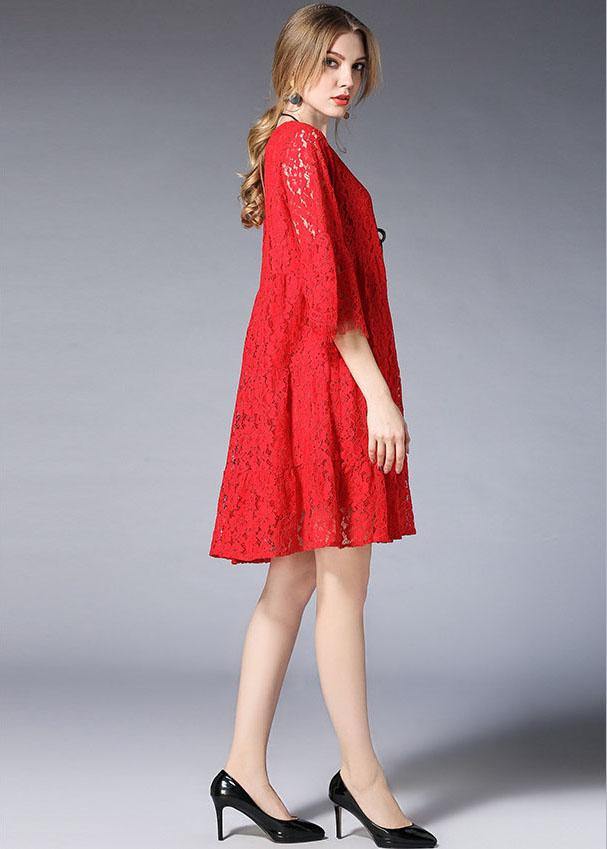 Loose Red Solid Wrinkled Spring Half Sleeve Dresses - SooLinen