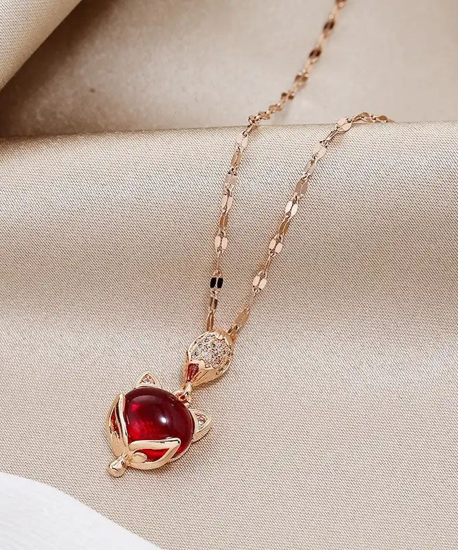 Loose Red Stainless Steel Zircon Gem Stone Little Fox Pendant Necklace