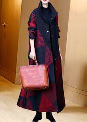 Loose Red Stand Collar Pockets Patchwork Thick Long Coat Long Sleeve