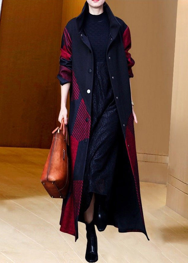 Loose Red Stand Collar Pockets Patchwork Thick Long Coat Long Sleeve