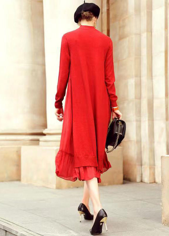 Loose Red Stand Collar Wrinkled Patchwork Woolen Dresses Fall
