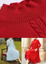 Loose Red Stand Collar Wrinkled Patchwork Woolen Dresses Fall