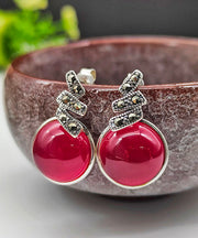 Loose Red Sterling Silver Inlaid Zircon Red Corundum Stud Earrings