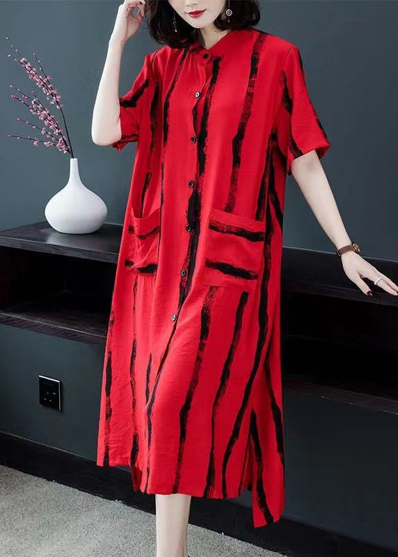 Loose Red Striped Button Patchwork Cotton Shirts Dress Summer