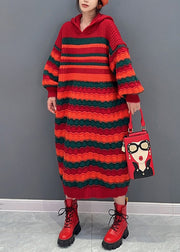 Loose Red Striped Hooded Cozy Knit Dress Long Sleeve