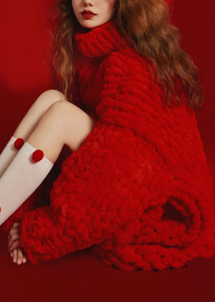 Loose Red Turtleneck Cozy Cable Cotton Knit Sweater Fall