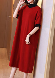 Loose Red Turtleneck Patchwork Cotton Knit Dress Short Sleeve
