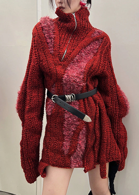 Loose Red Turtleneck Zippered Sashes Thick Knit Sweater Fall