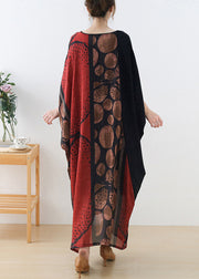 Loose Red V Neck Asymmetrical Design Patchwork Chiffon Dresses Batwing Sleeve