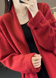 Loose Red V Neck Embroidered Cashmere Cardigan Top Fall
