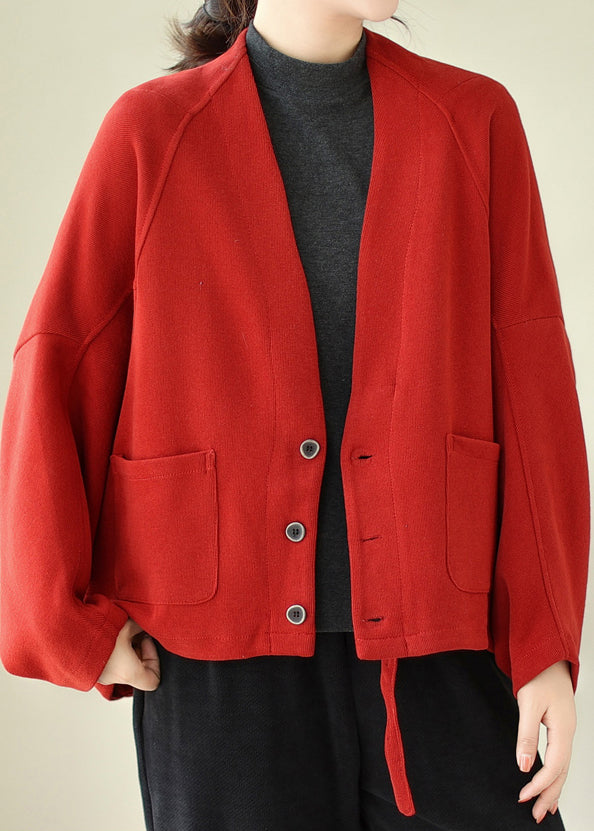 Loose Red V Neck Pockets Warm Fleece Jackets Batwing Sleeve