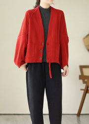 Loose Red V Neck Pockets Warm Fleece Jackets Batwing Sleeve