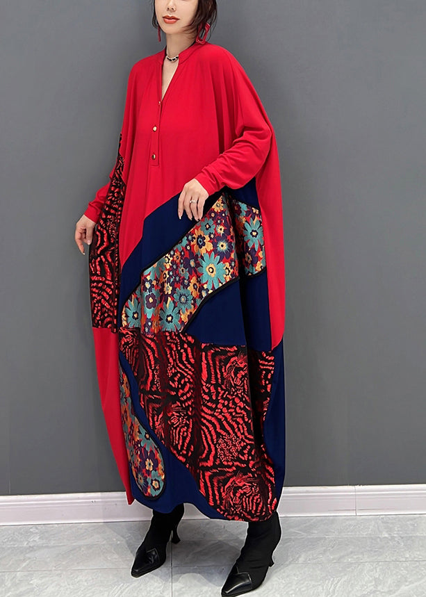 Loose Red V Neck Print Patchwork Button Maxi Dresses Fall