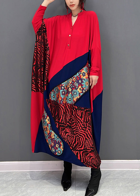 Loose Red V Neck Print Patchwork Button Maxi Dresses Fall