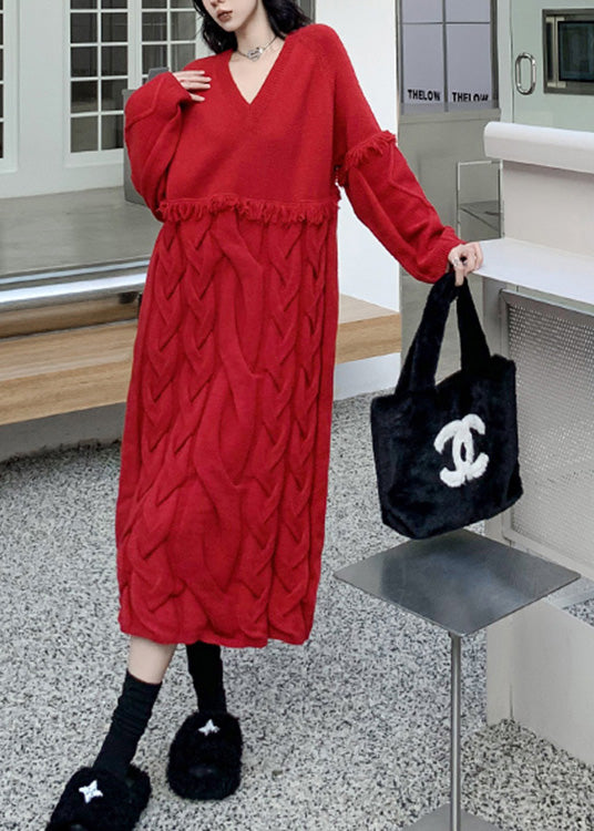 Loose Red V Neck Tassel Cable Knit Sweater Dress Winter