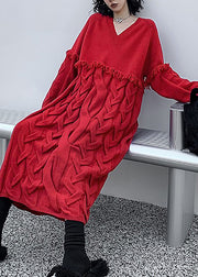 Loose Red V Neck Tassel Cable Knit Sweater Dress Winter
