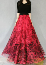 Loose Red Wrinkled Butterfly Print High Waist Tulle Skirt Spring