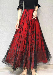 Loose Red Wrinkled Embroideried Exra Large Hem Tulle Skirt Spring