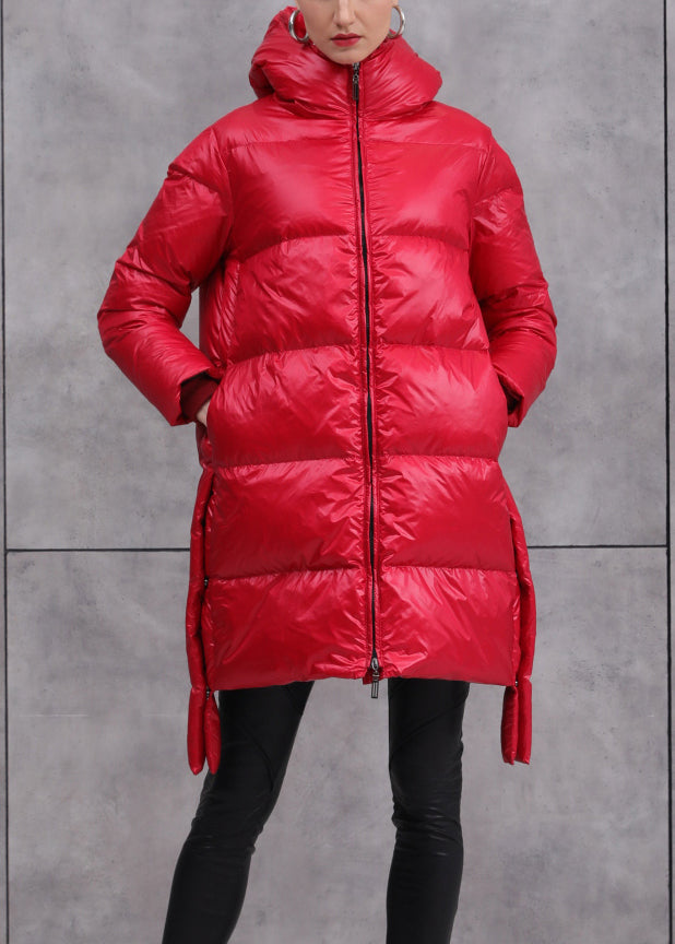 Loose Red Zip Up Pockets Patchwork Duck Down Coat Winter