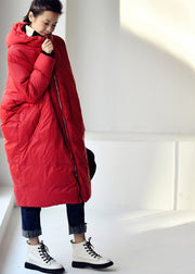 Loose Red Zippered Long Hooded Duck Down Filled Down Coat Winter