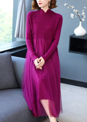 Loose Rose Button Tulle Patchwork Long Sweater Dress Fall