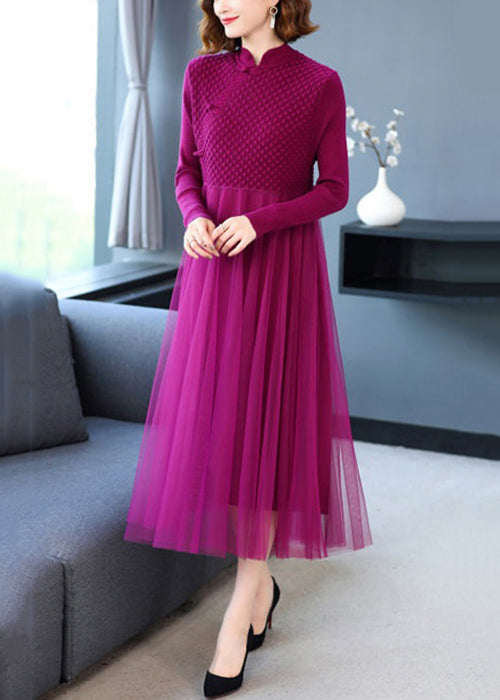 Loose Rose Button Tulle Patchwork Long Sweater Dress Fall
