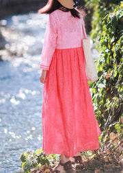 Loose Rose Embroidery Clothes O Neck Patchwork Kaftan Summer Dress - SooLinen