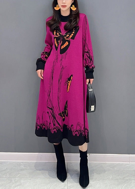 Loose Rose O-Neck Print Patchwork Knit Dresses Long Sleeve