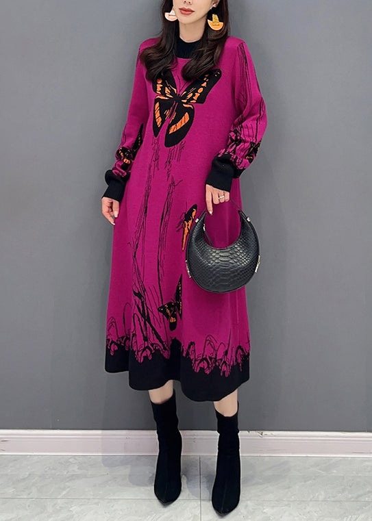 Loose Rose O-Neck Print Patchwork Knit Dresses Long Sleeve