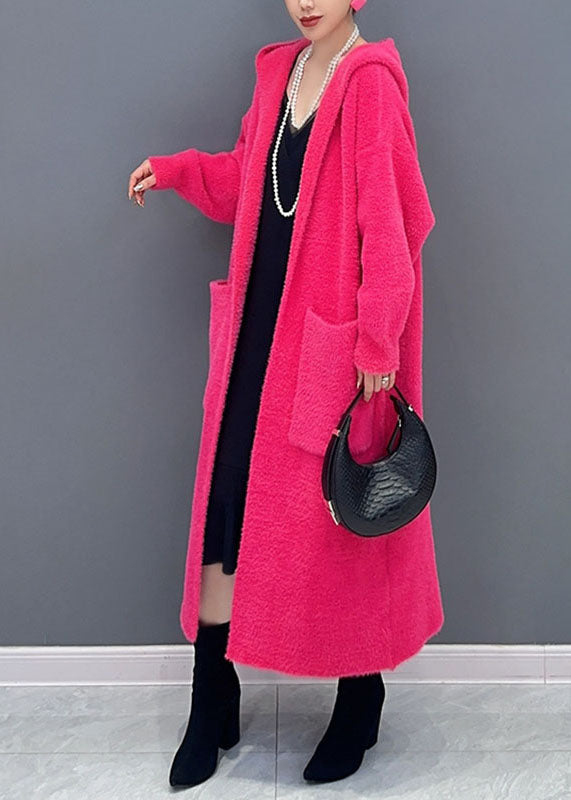 Loose Rose Pockets Knitted Cotton Thread Long Hooded Coat Fall