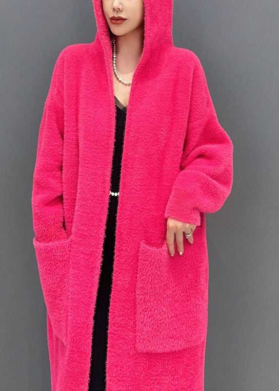 Loose Rose Pockets Knitted Cotton Thread Long Hooded Coat Fall
