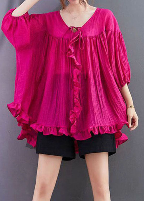 Loose Rose Ruffled Patchwork Lace Up Cotton Shirts Top Summer