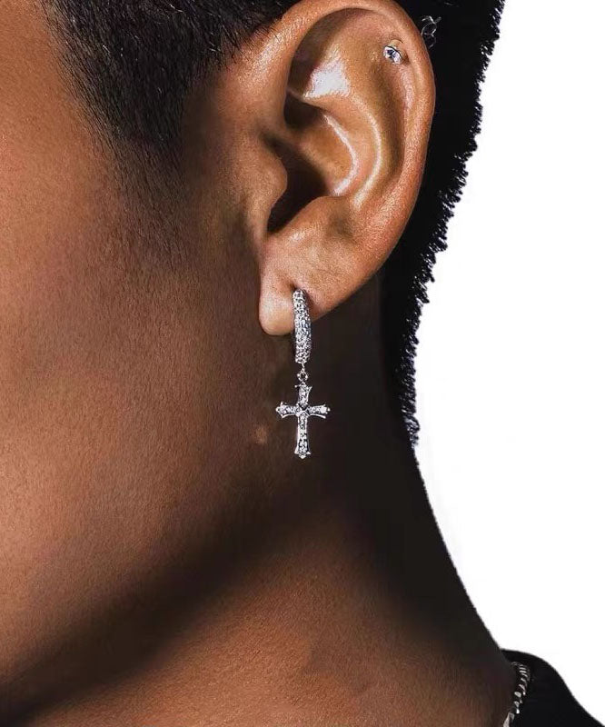 Loose Silk Sterling Silver Zircon Cross Hoop Earrings